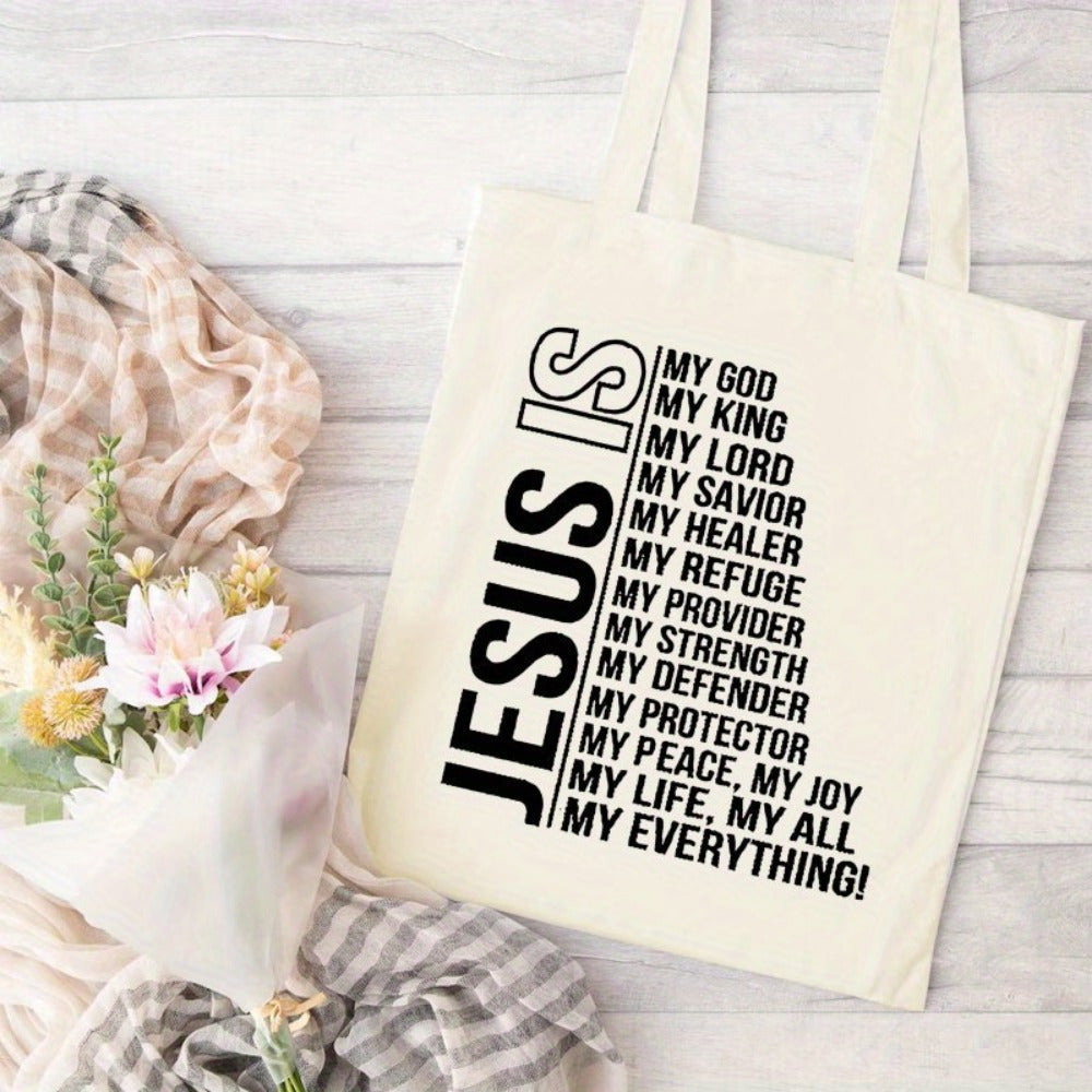 Canvas Tote Bag with Jesus Print | Lightweight & Durable | Fixed Shoulder Strap | Multi-Use for Daily Commute, Picnic, Party, Travel & Shopping | Inspirational Bible Verse Design