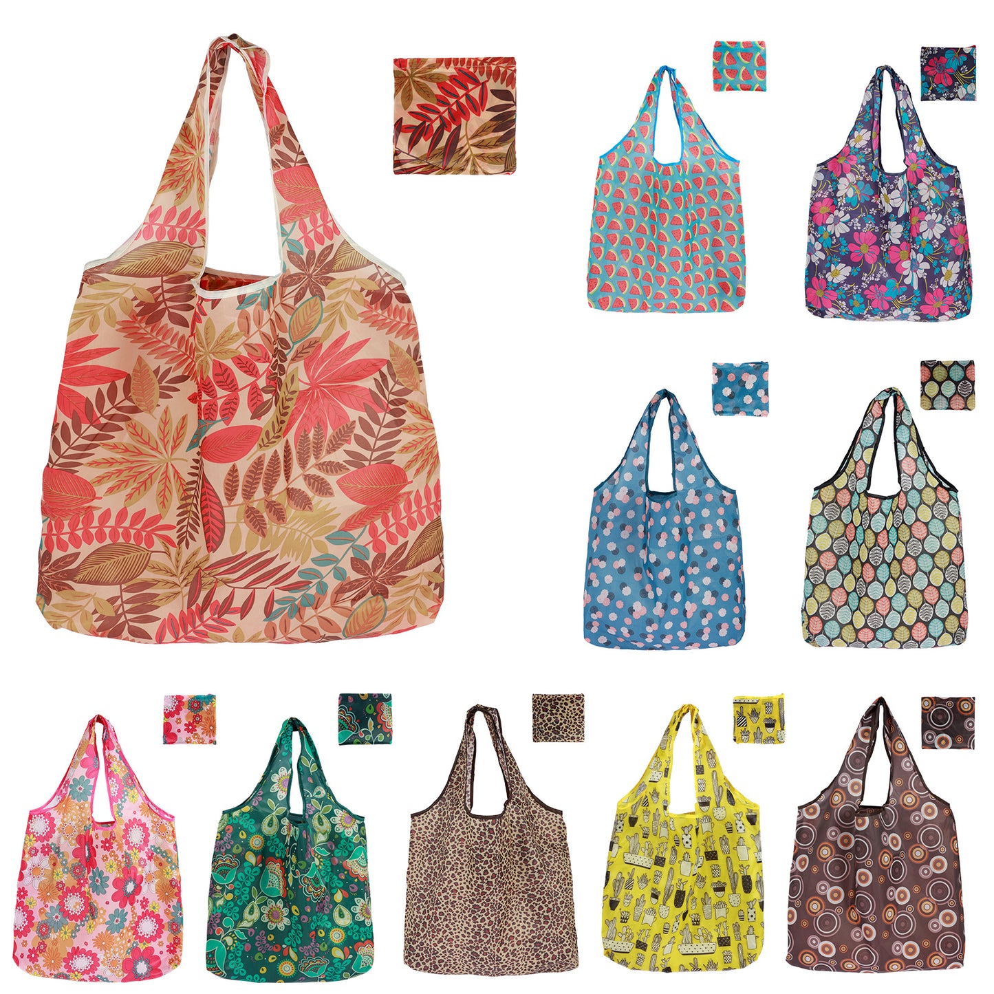 10pcs Large Capacity Waterproof Shopping Bags, Reusable and Foldable Grocery Tote Set with Handle Design, High-Quality Polyester for Outdoor Travel and Food Storage
