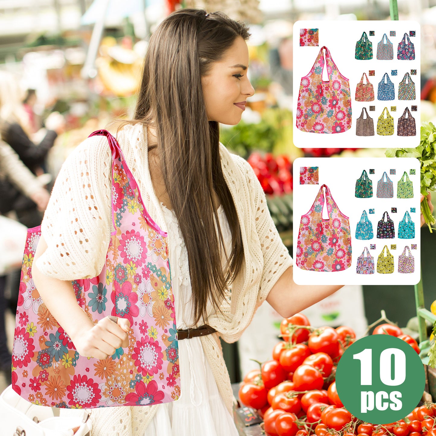 10pcs Large Capacity Waterproof Shopping Bags, Reusable and Foldable Grocery Tote Set with Handle Design, High-Quality Polyester for Outdoor Travel and Food Storage