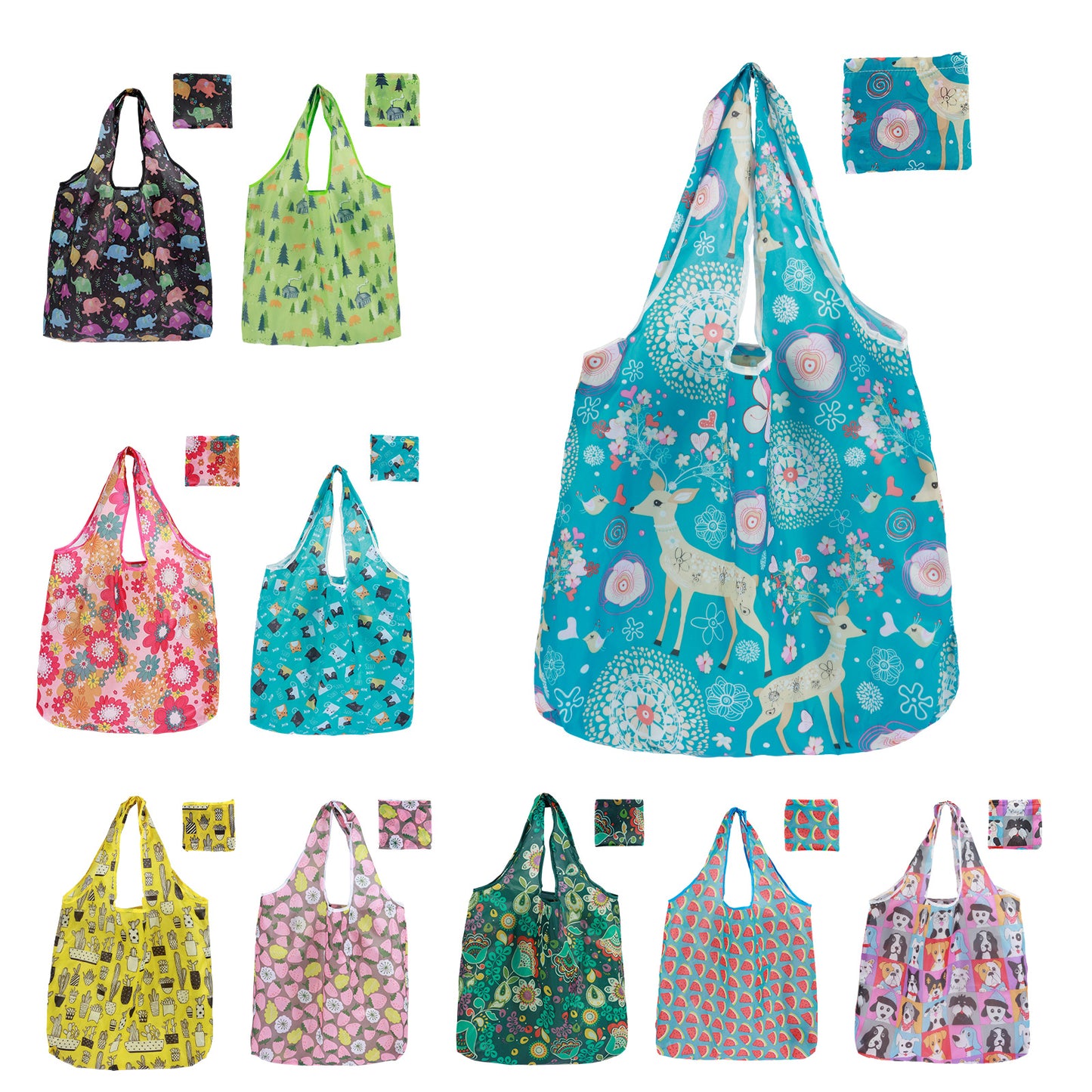 10pcs Large Capacity Waterproof Shopping Bags, Reusable and Foldable Grocery Tote Set with Handle Design, High-Quality Polyester for Outdoor Travel and Food Storage