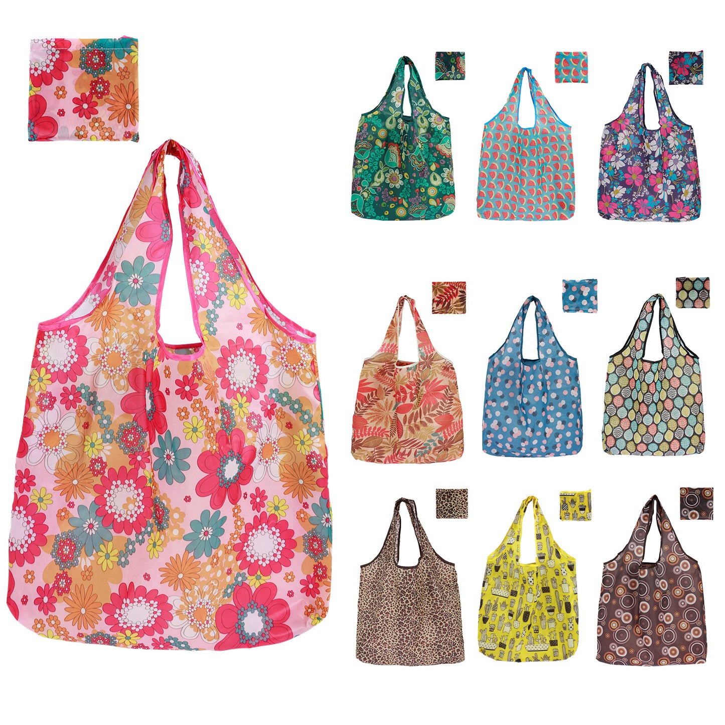 10pcs Large Capacity Waterproof Shopping Bags, Reusable and Foldable Grocery Tote Set with Handle Design, High-Quality Polyester for Outdoor Travel and Food Storage