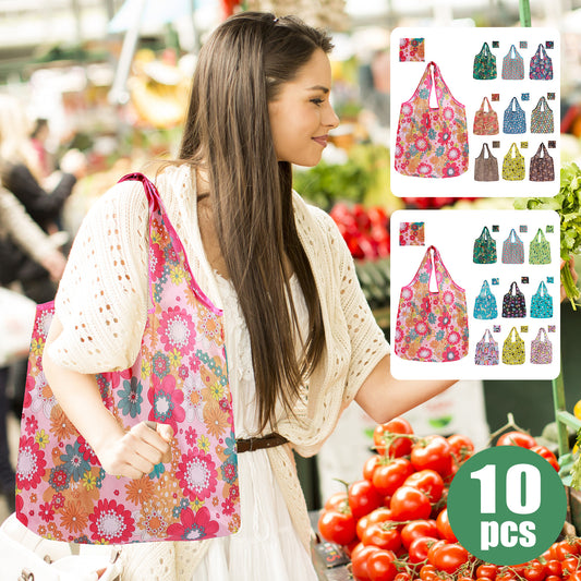10pcs Large Capacity Waterproof Shopping Bags, Reusable and Foldable Grocery Tote Set with Handle Design, High-Quality Polyester for Outdoor Travel and Food Storage