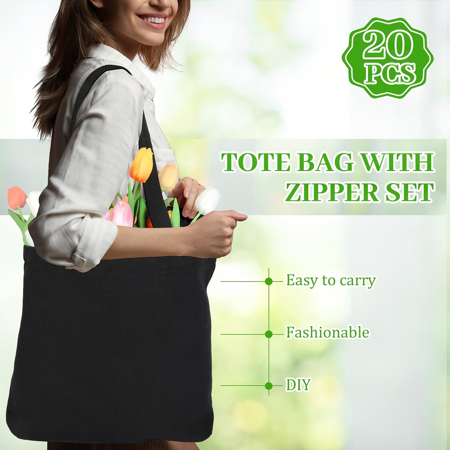 20pcs Canvas Grocery Bag Bulk Blank Tote Bags Reusable Plain Shopping Handbag 16.5 x 13 in Multi-Purpose Bags Black