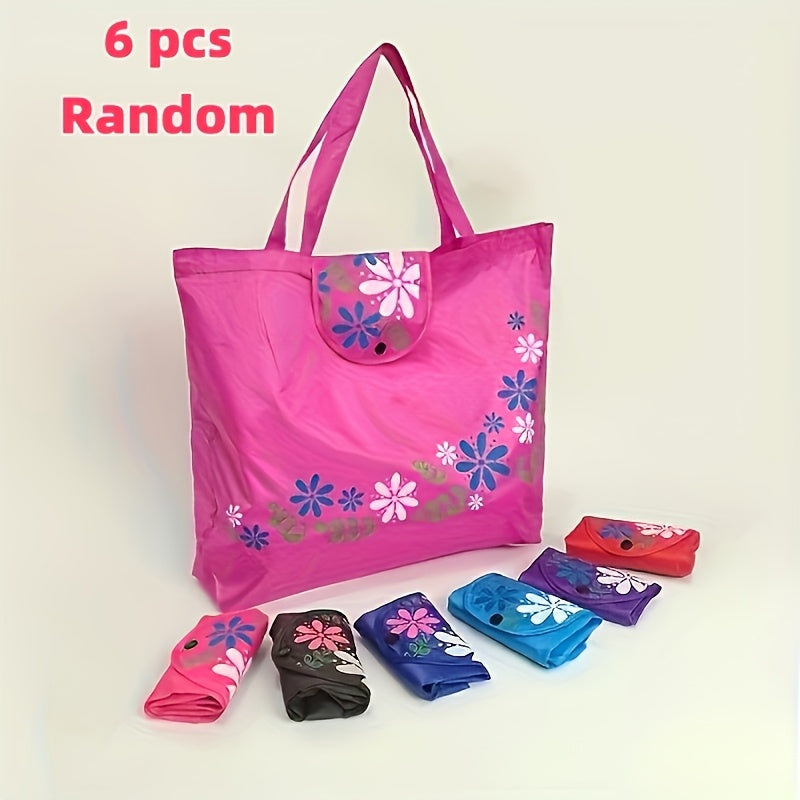 6pcs Reusable Shopping Tote Bags, Foldable Storage Polyester Bags with Printed Button Closure, Leak Proof Rectangular Bags for Thanksgiving & Earth Day